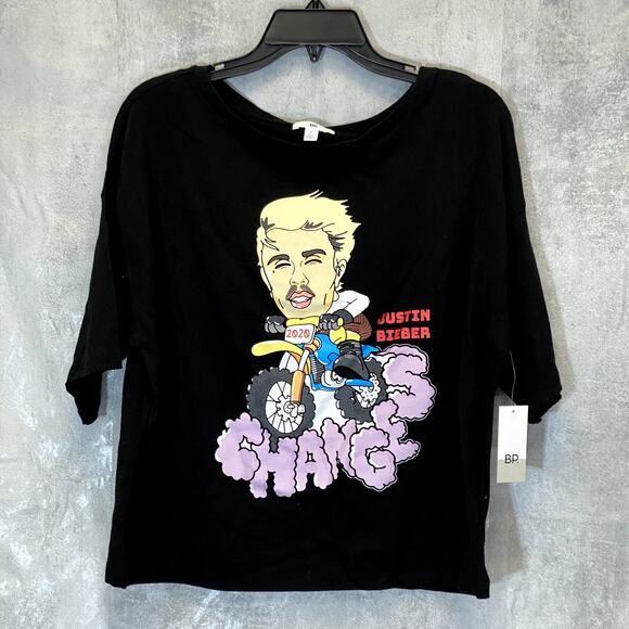 BP. Women's Black Justin Changes Bieber Graphic Crewneck Crop Short Sleeve Tee - Picture 1 of 8